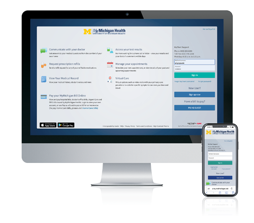 Photo of a computer screen and a mobile phone showing the MyChart screen.